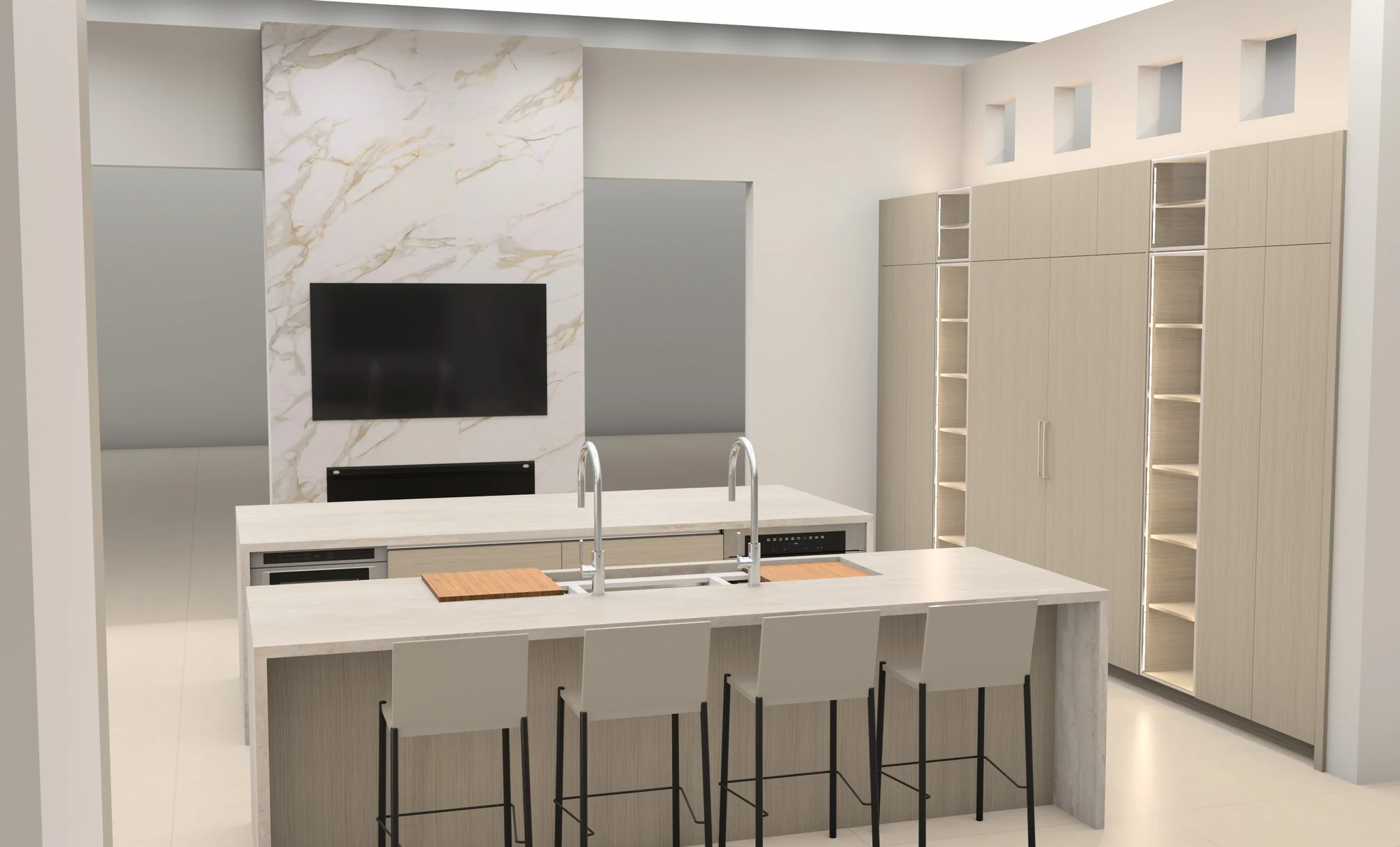 Design visualization of a contemporary kitchen with pale cabinetry and parallel islands